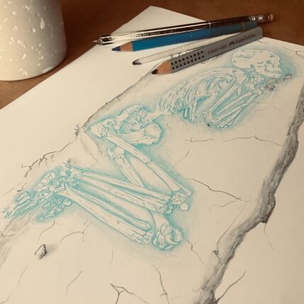 Zeichnung, Skelett, Mesolithikum, Neolithikum, Gräber, Bestattung, Archäologische Illustrationen