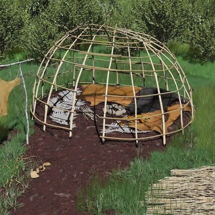 mesolithischen Hütte, Archäologische Illustrationen.